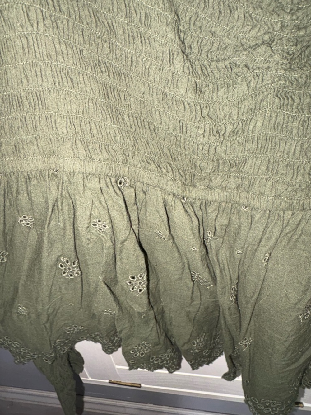 EUC XXL AE Smocked Olive Green Long-Sleeve Peplum Top eyelet - Picture 3 of 4